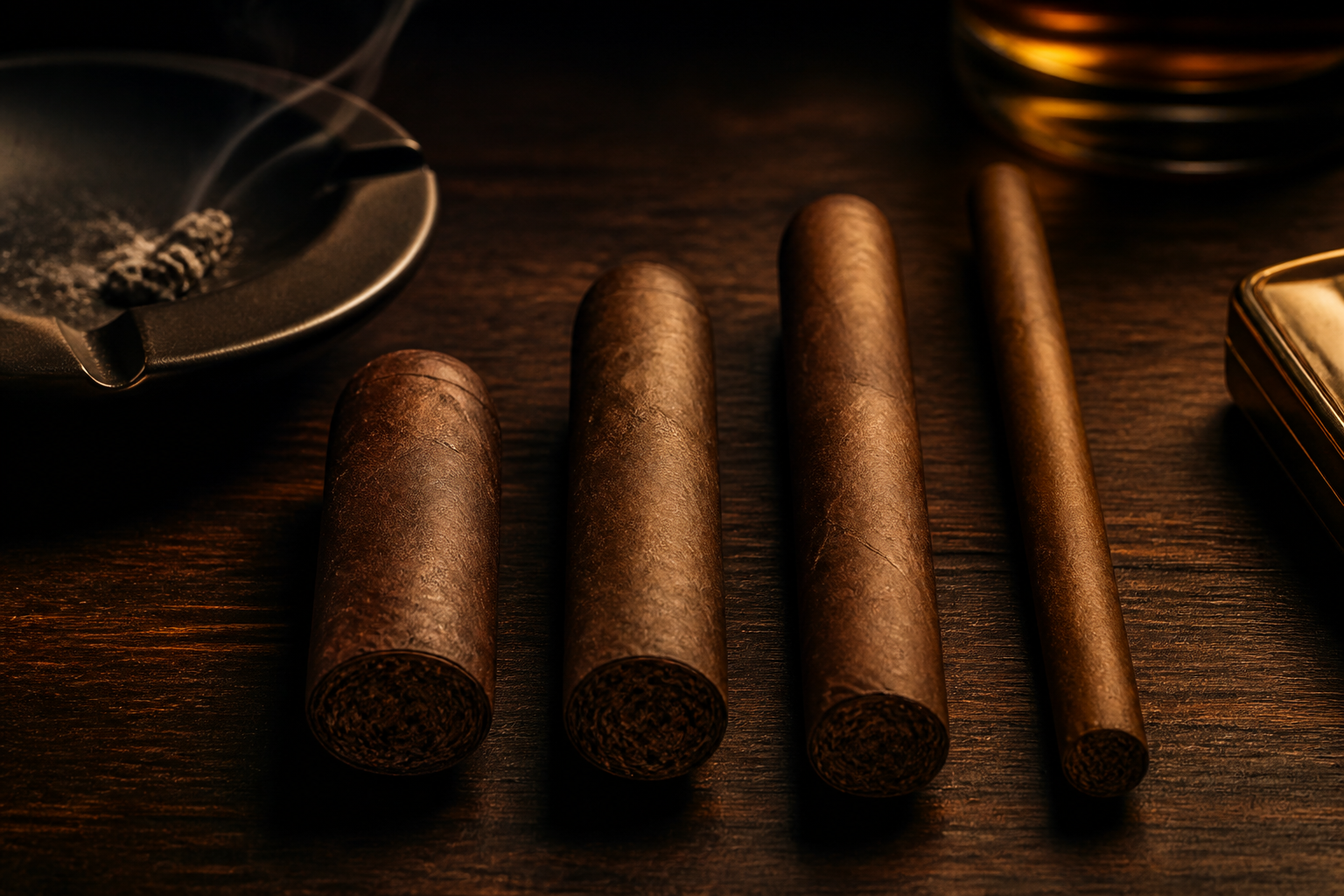 Premium cigars in different sizes illustrating Robusto, Toro, Churchill and Lancero formats.